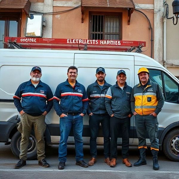 Equipo de cuatro electricistas de Vividapixel frente a la camioneta de trabajo