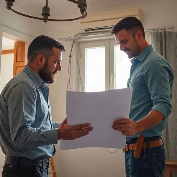 Dos electricistas trabajando juntos en una instalación residencial