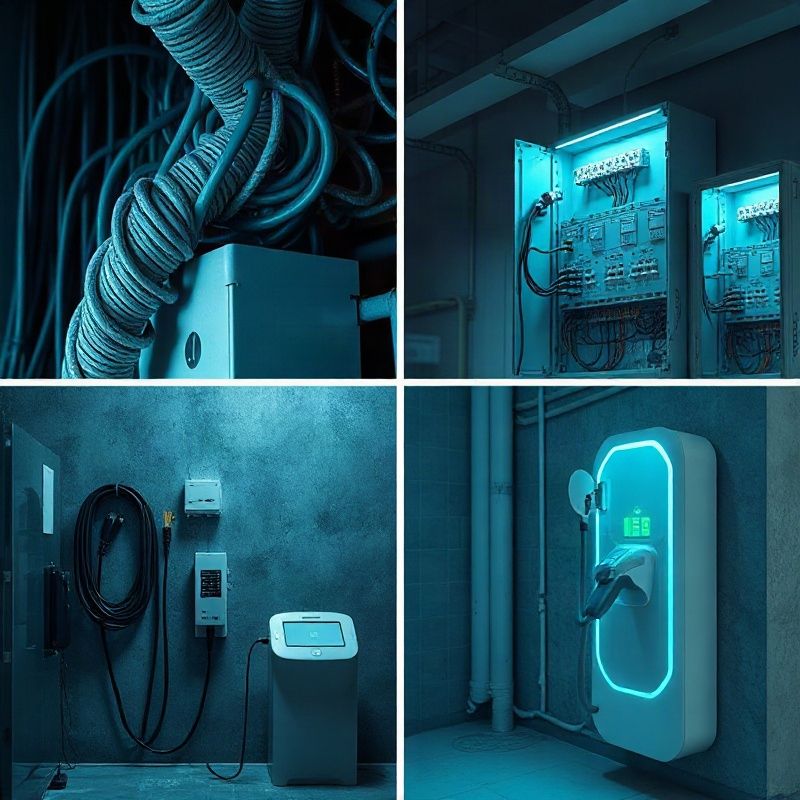 Cuatro escenas de trabajo eléctrico: cableado, tablero, iluminación LED y cargador EV