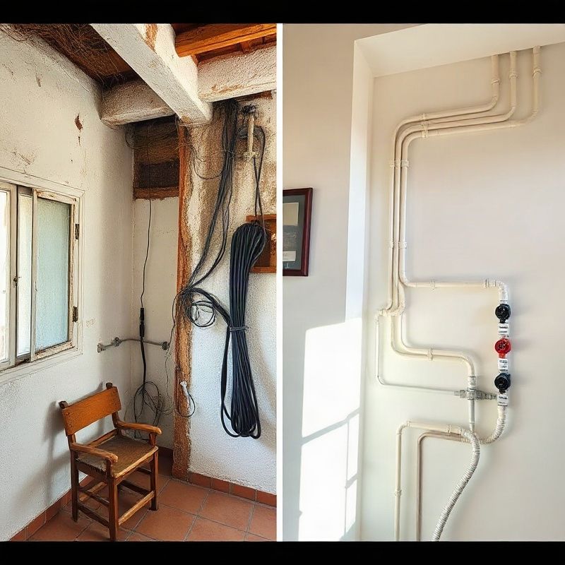 Antes y después: cableado antiguo expuesto y nueva instalación con conduit rotulado