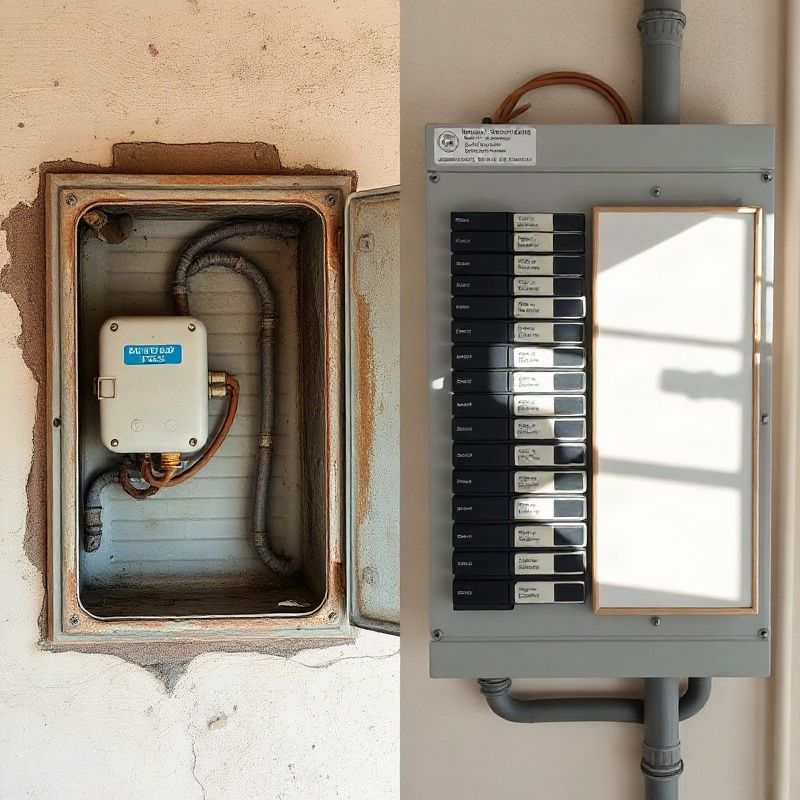 Antes y después: caja de fusibles de porcelana antigua y nuevo tablero de disyuntores etiquetado